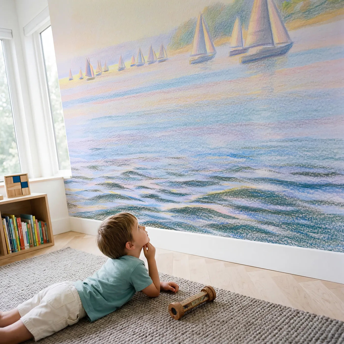 Child in nursery with Sailboats on the Bay Wallpaper Mural by Whimsy Tots