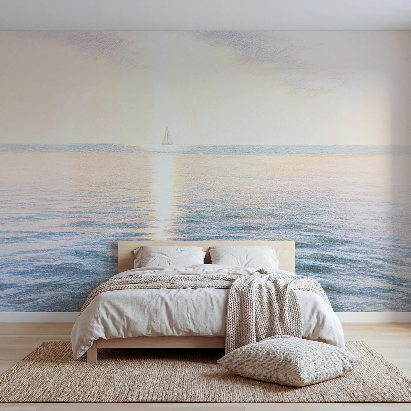 Colored-pencil wall mural of a calm coastal horizon by Whimsy Tots