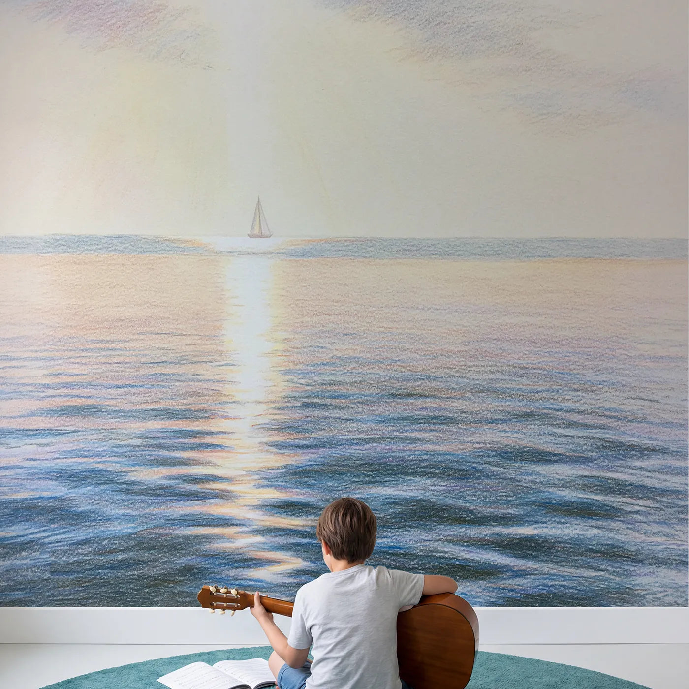 Child in nursery with Calm Coastal Horizon Wallpaper Mural by Whimsy Tots
