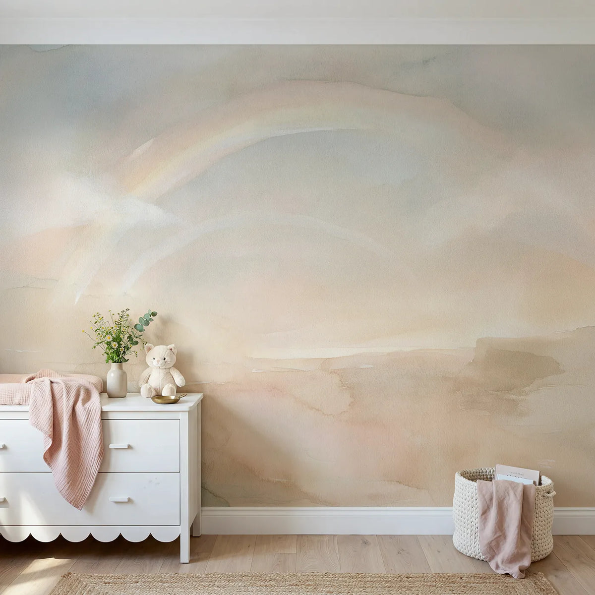 Watercolor wall mural of a gentle partial rainbow by Whimsy Tots