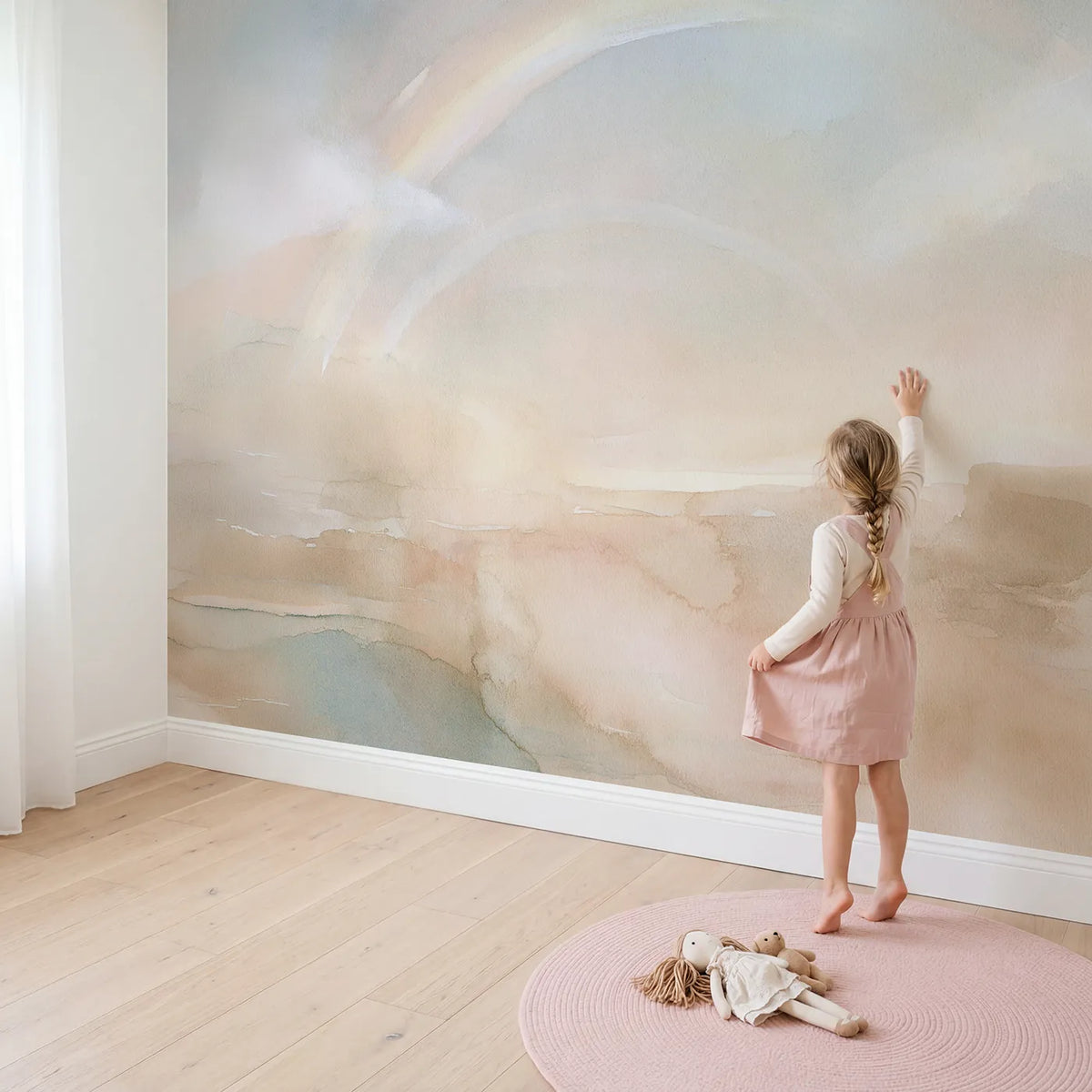 Child in nursery with Soft Rainbow Arc Wallpaper Mural by Whimsy Tots