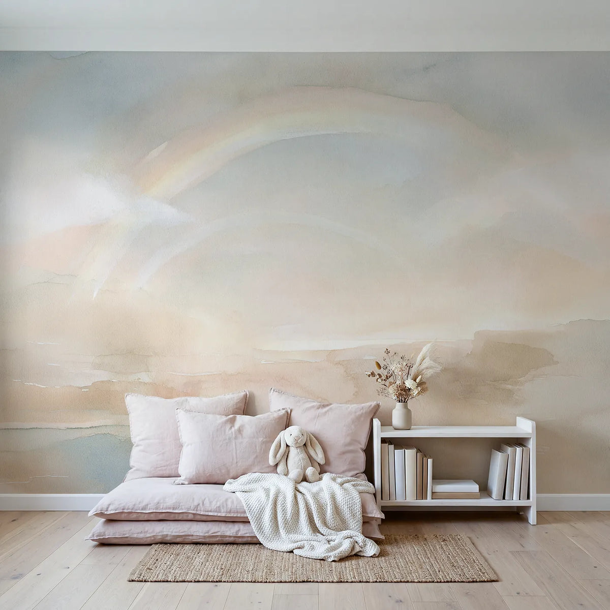 Soft Rainbow Arc Wallpaper Mural in playroom setting by Whimsy Tots