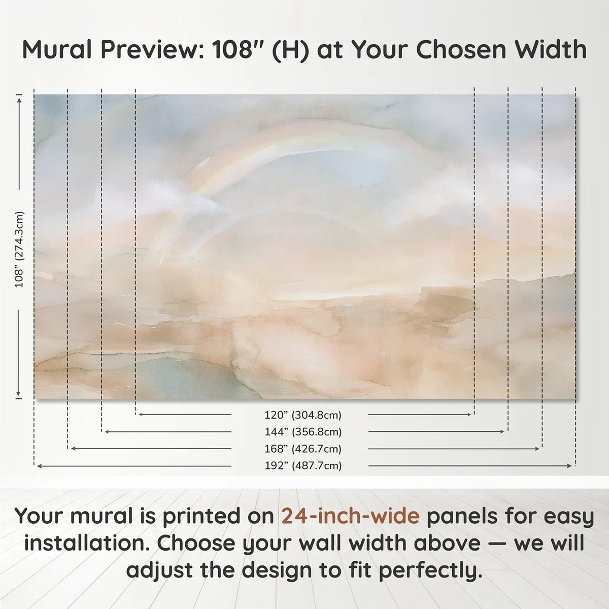 Panel layout and dimensions for Soft Rainbow Arc Wallpaper Mural by Whimsy Tots