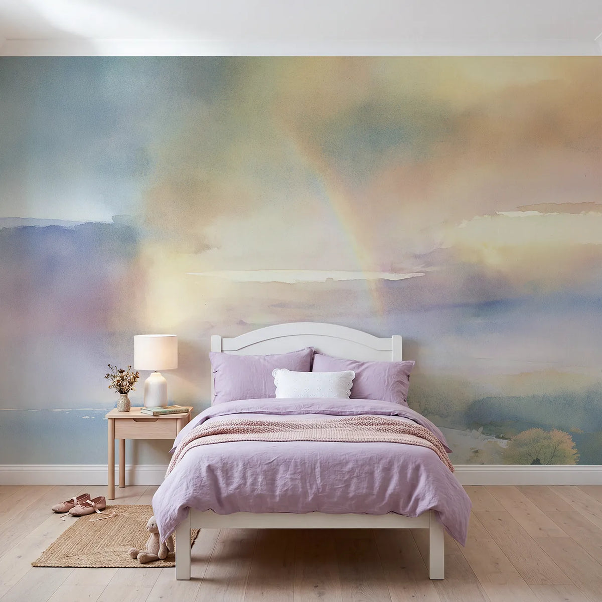 Watercolor wall mural of a rainbow dissolving in mist by Whimsy Tots