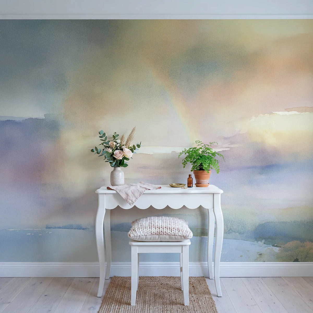 Misty Rainbow Sky Wallpaper Mural in playroom setting by Whimsy Tots