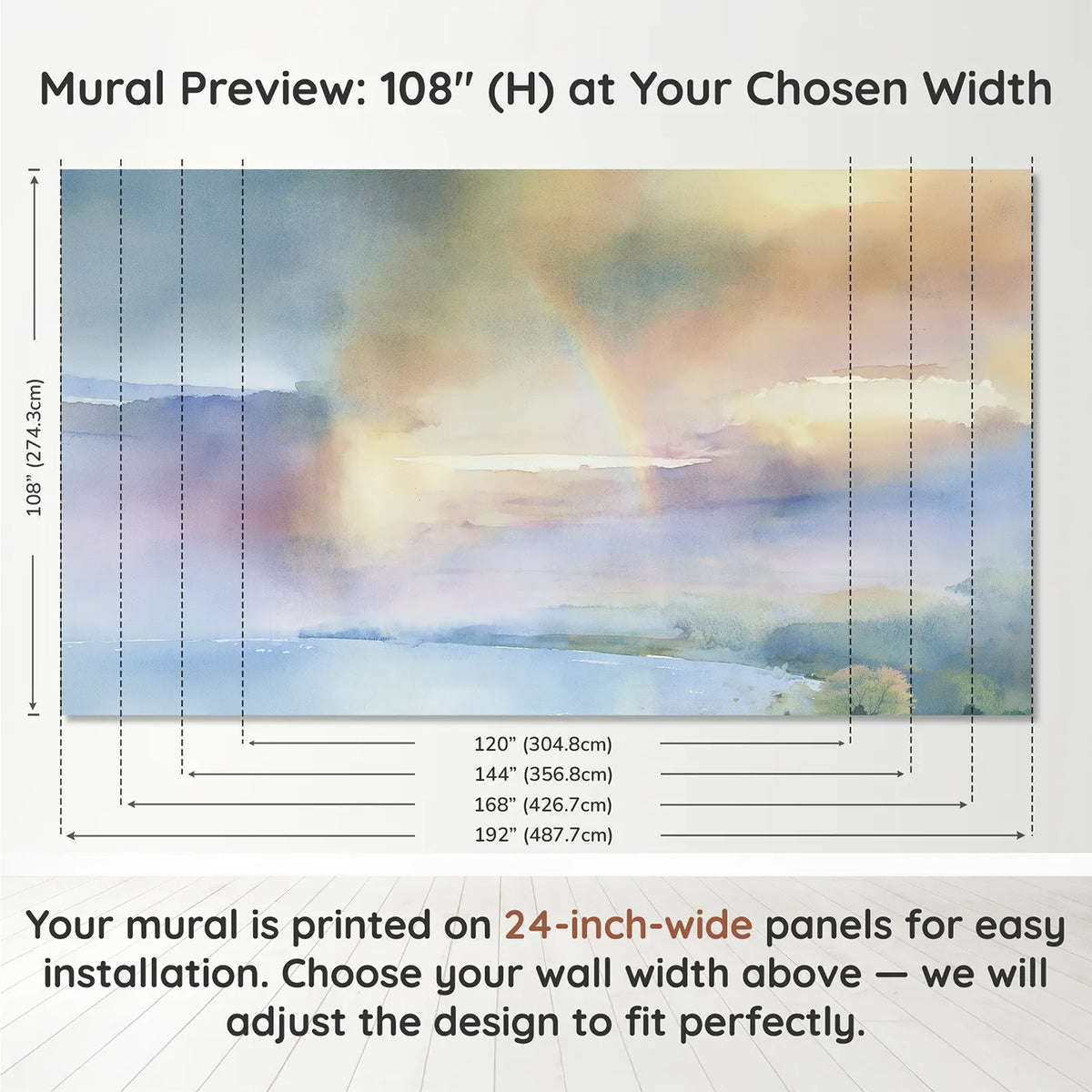 Panel layout and dimensions for Misty Rainbow Sky Wallpaper Mural by Whimsy Tots