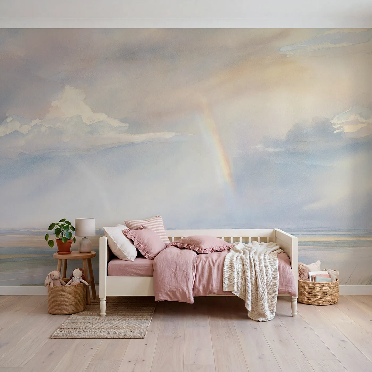 Watercolor wall mural of a rainbow after rain by Whimsy Tots
