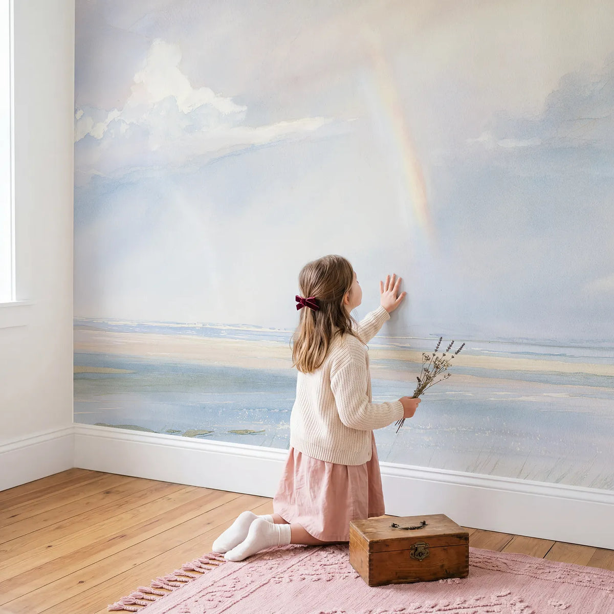 Child in nursery with Rainbow After Rain Wallpaper Mural by Whimsy Tots