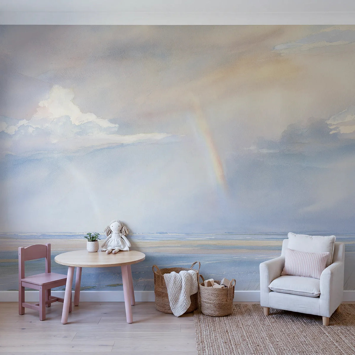 Rainbow After Rain Wallpaper Mural in playroom setting by Whimsy Tots