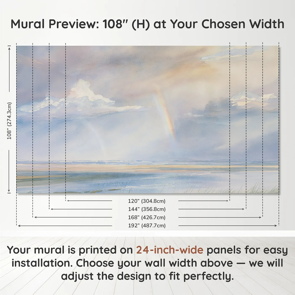 Panel layout and dimensions for Rainbow After Rain Wallpaper Mural by Whimsy Tots