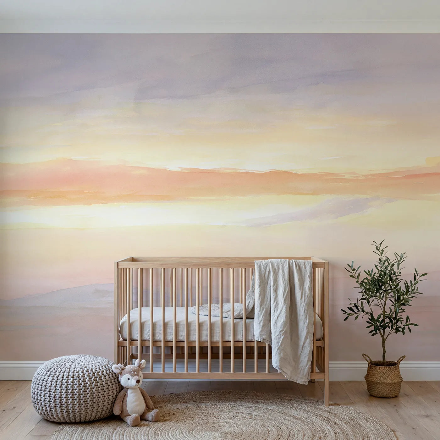 Watercolor wall mural of a dreamy pastel gradient sky by Whimsy Tots