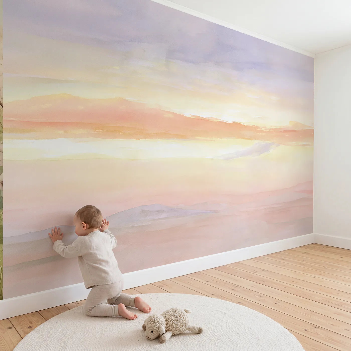 Child in nursery with Pastel Sky Gradient Wallpaper Mural by Whimsy Tots