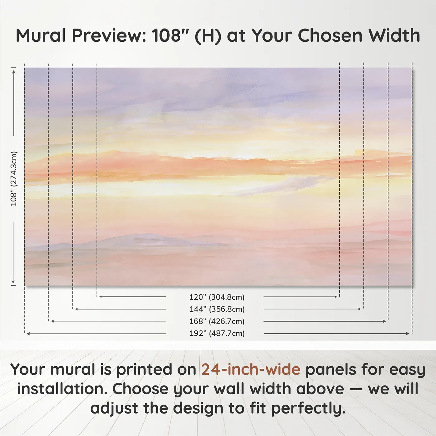Panel layout and dimensions for Pastel Sky Gradient Wallpaper Mural by Whimsy Tots