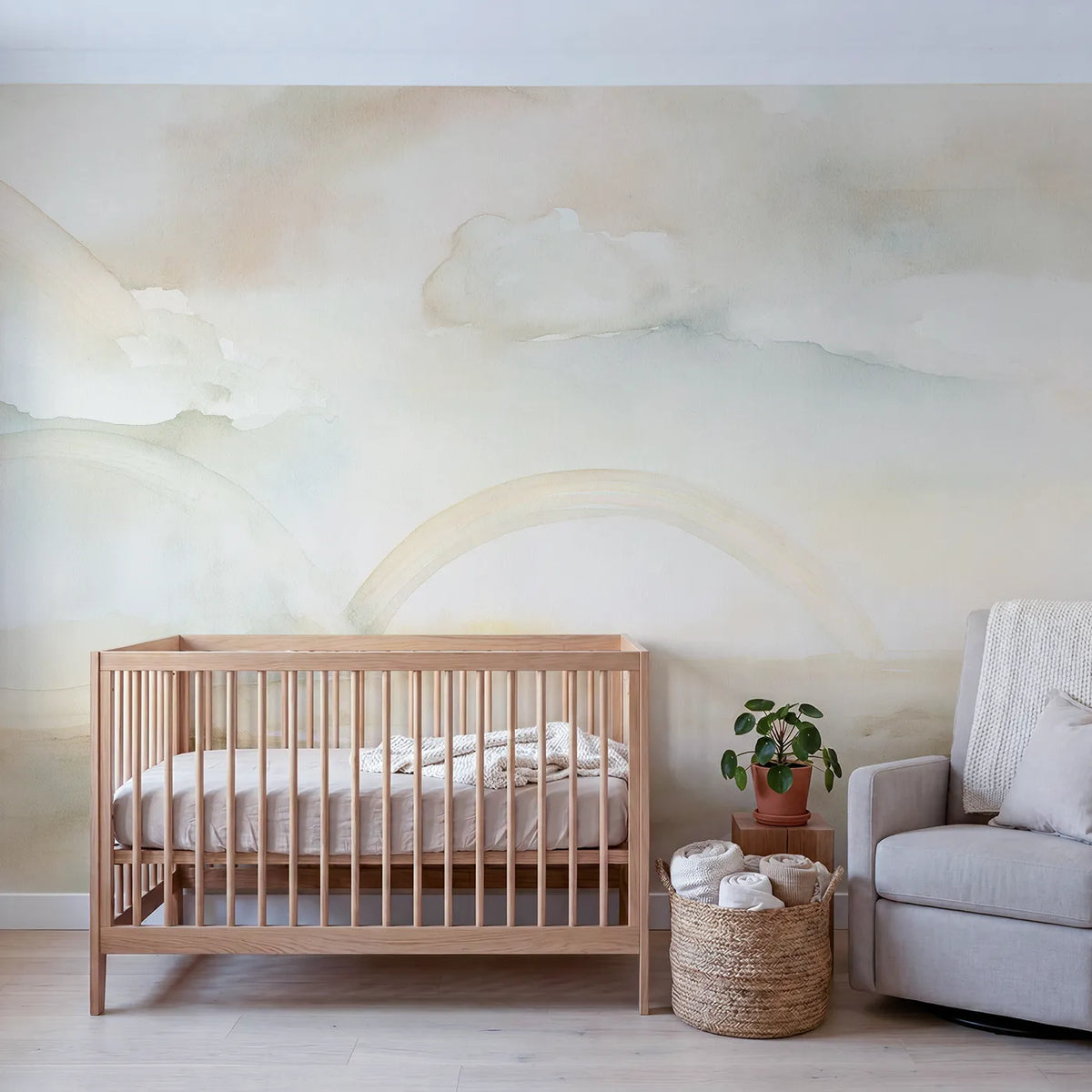 Dreamy Cloud Rainbow Wallpaper Mural in playroom setting by Whimsy Tots