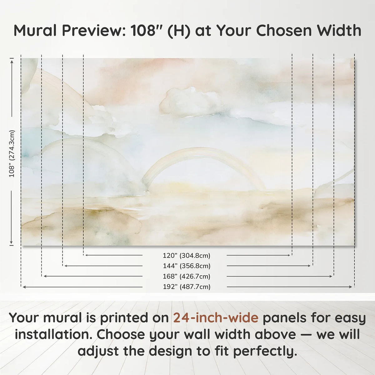 Panel layout and dimensions for Dreamy Cloud Rainbow Wallpaper Mural by Whimsy Tots