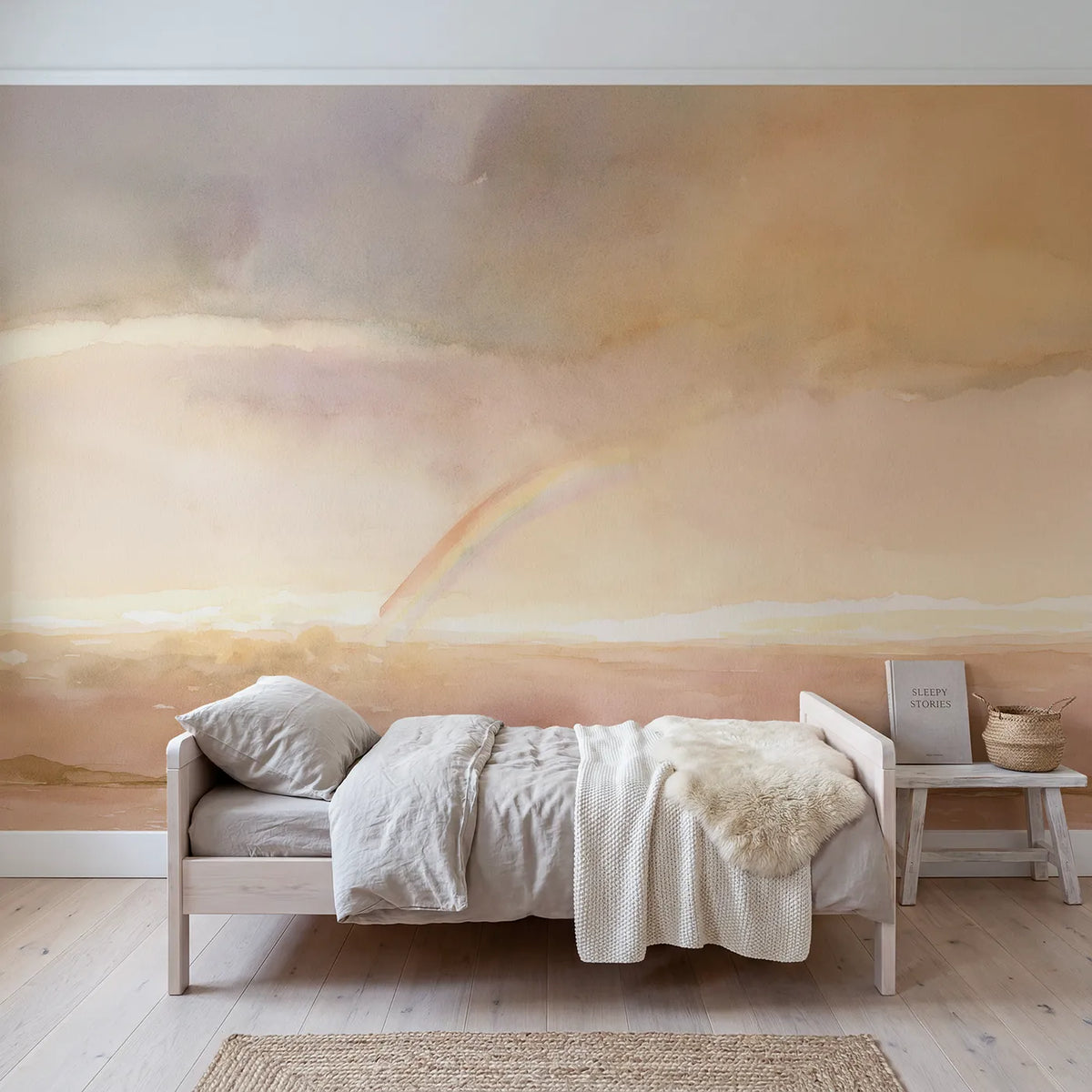 Watercolor wall mural of a muted sunset rainbow by Whimsy Tots