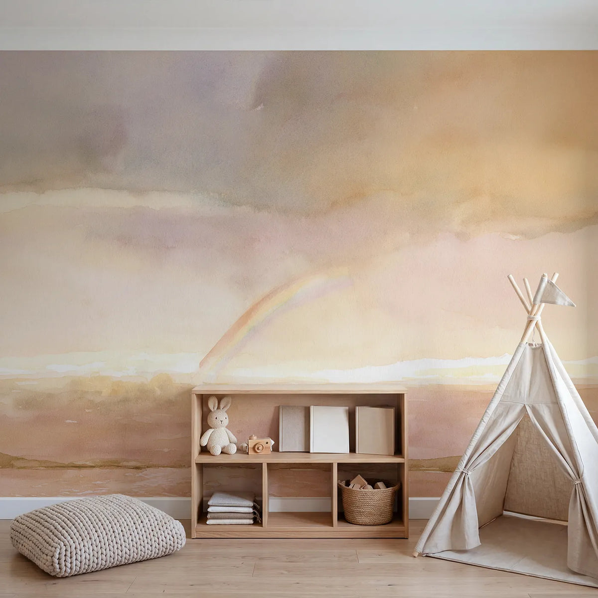 Soft Sunset Rainbow Wallpaper Mural in playroom setting by Whimsy Tots