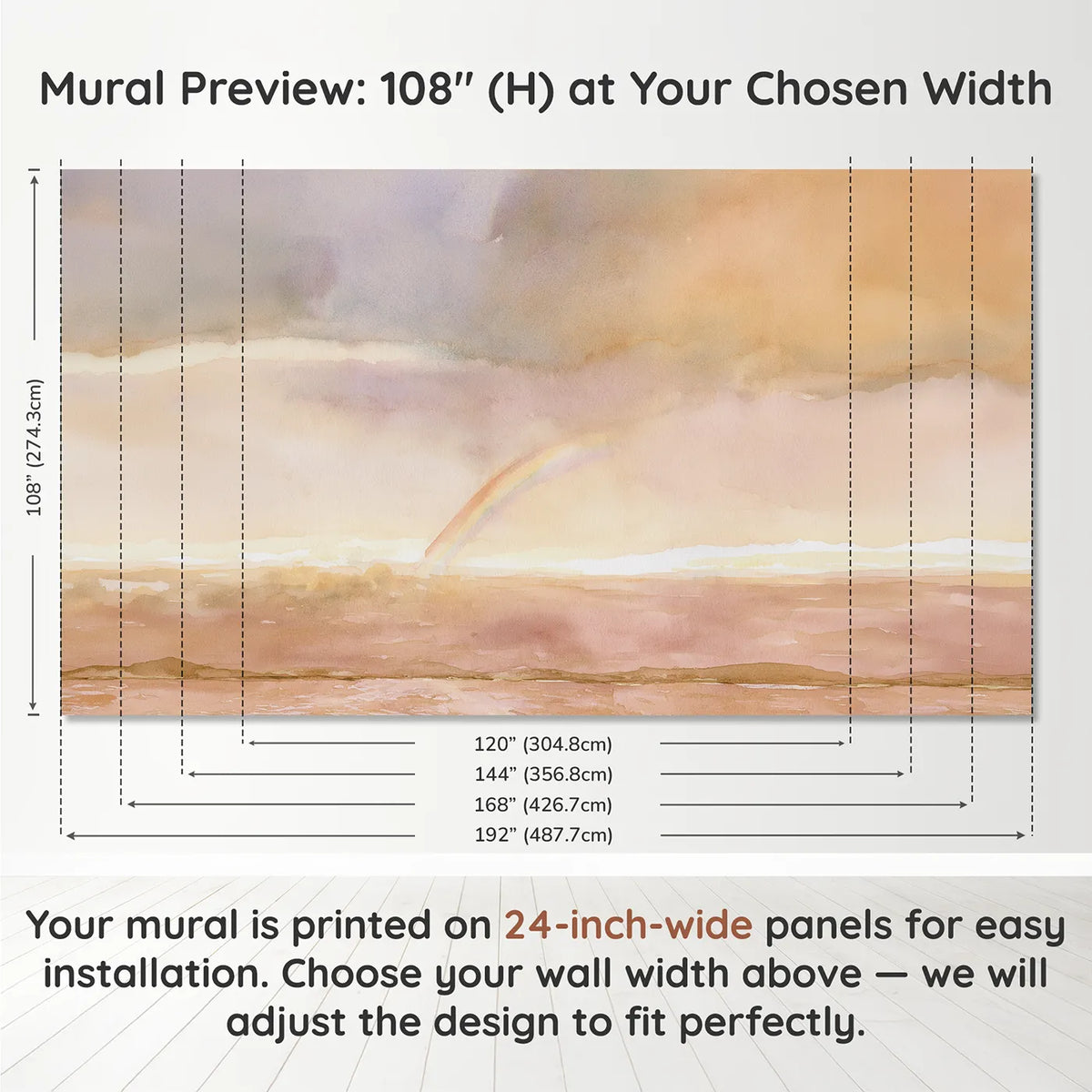 Panel layout and dimensions for Soft Sunset Rainbow Wallpaper Mural by Whimsy Tots