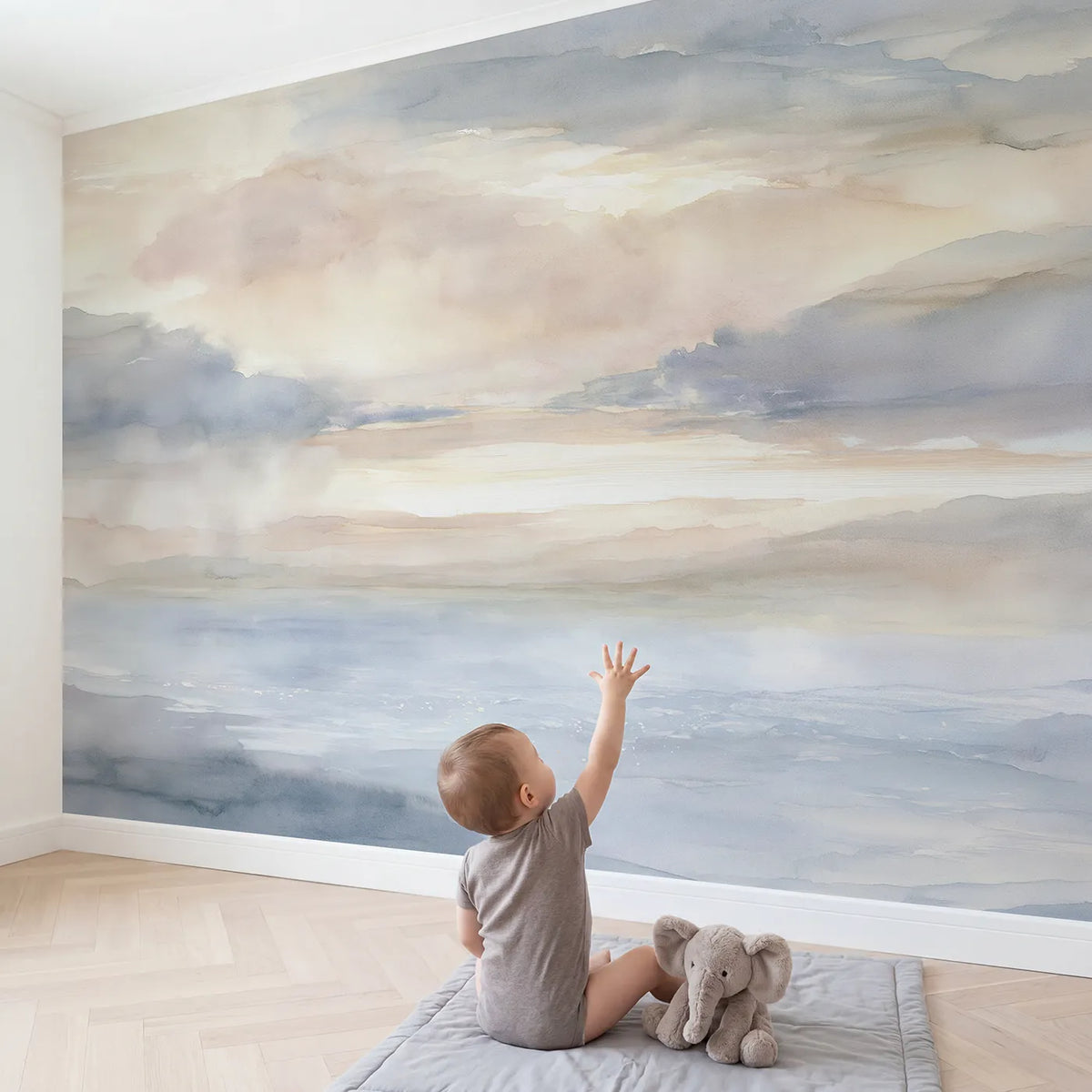 Child in nursery with Gentle Rain Sky Wallpaper Mural by Whimsy Tots