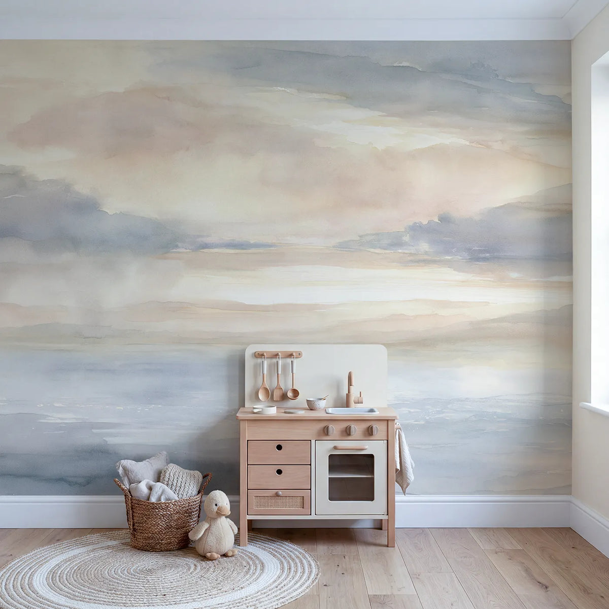 Gentle Rain Sky Wallpaper Mural in playroom setting by Whimsy Tots