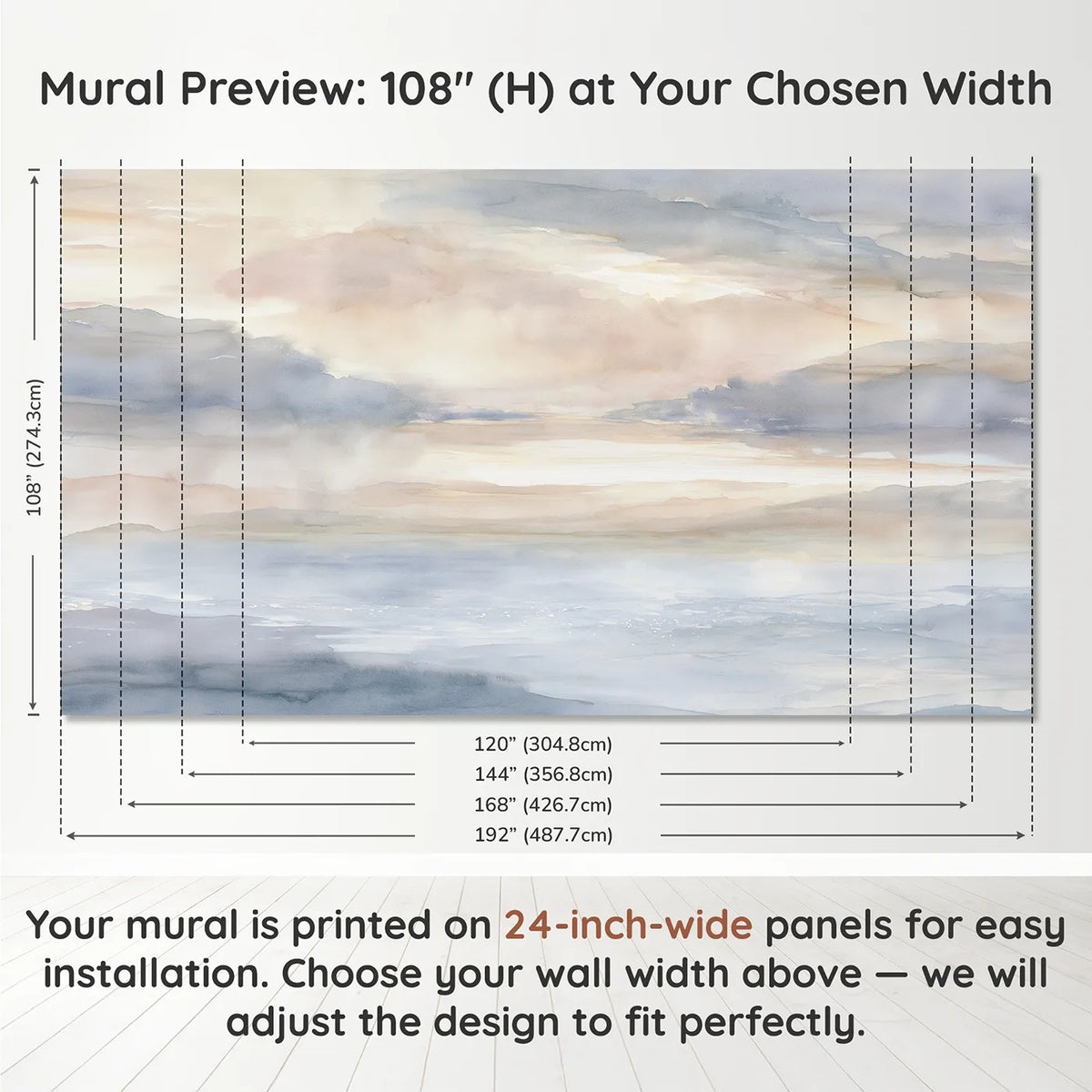 Panel layout and dimensions for Gentle Rain Sky Wallpaper Mural by Whimsy Tots