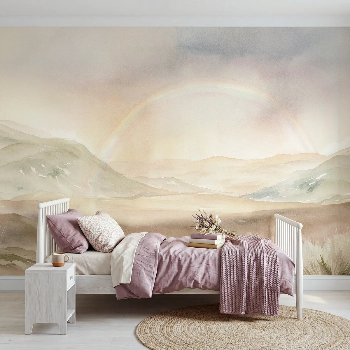 Watercolor wall mural of a rainbow over hazy hills by Whimsy Tots