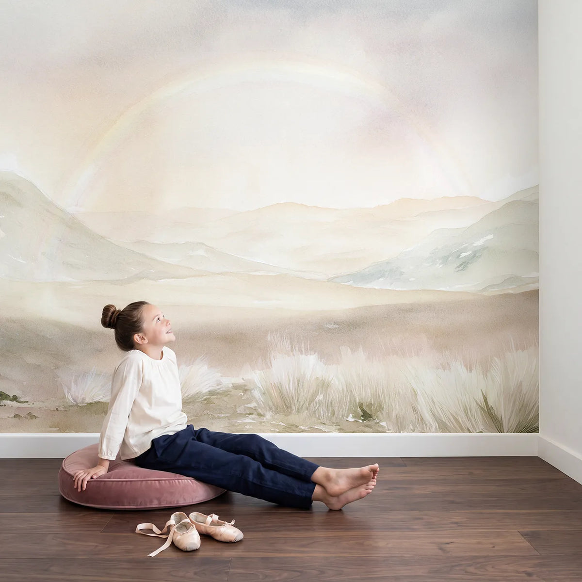 Child in nursery with Hazy Rainbow Hills Wallpaper Mural by Whimsy Tots