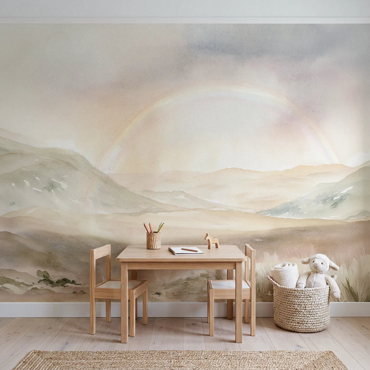Hazy Rainbow Hills Wallpaper Mural in playroom setting by Whimsy Tots
