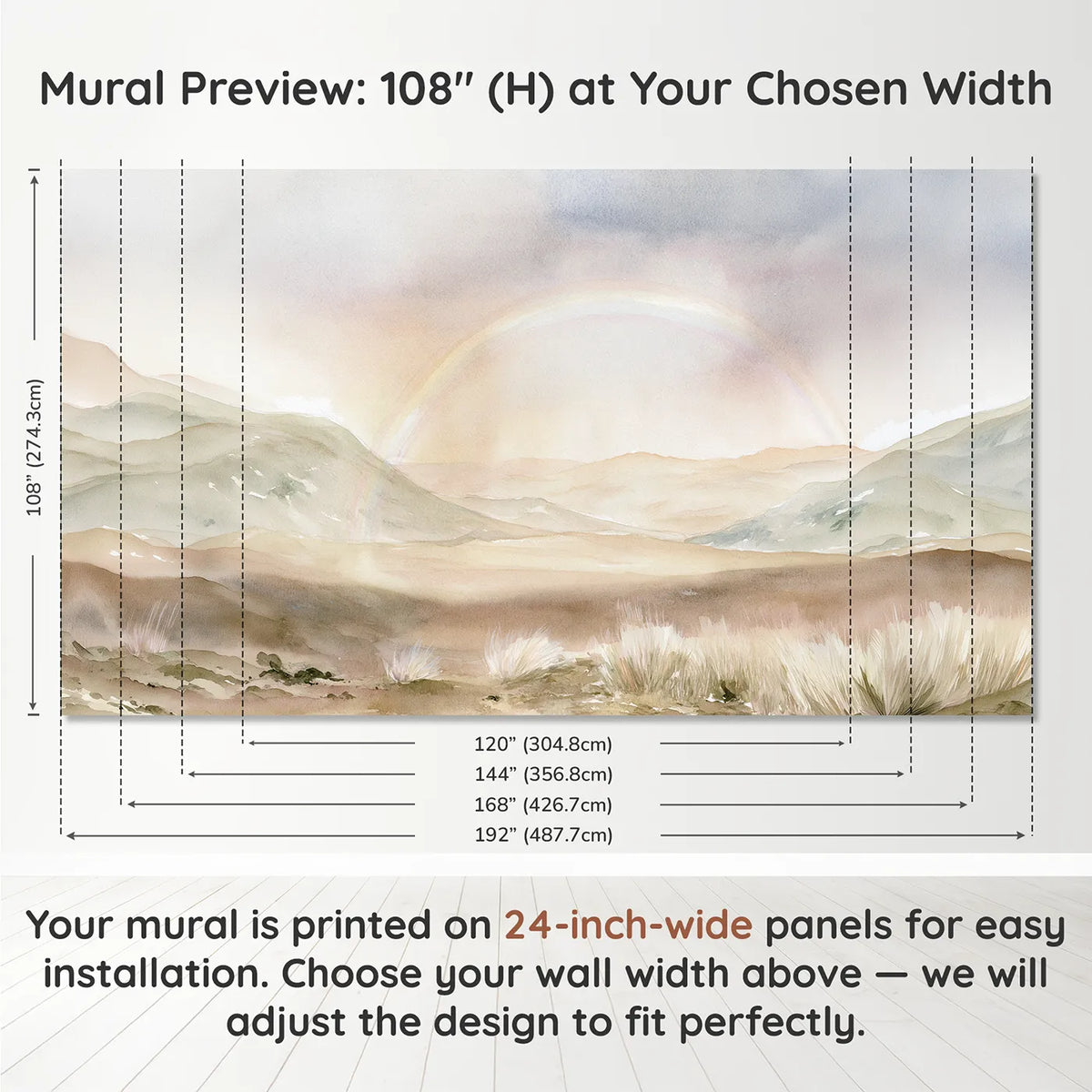 Panel layout and dimensions for Hazy Rainbow Hills Wallpaper Mural by Whimsy Tots