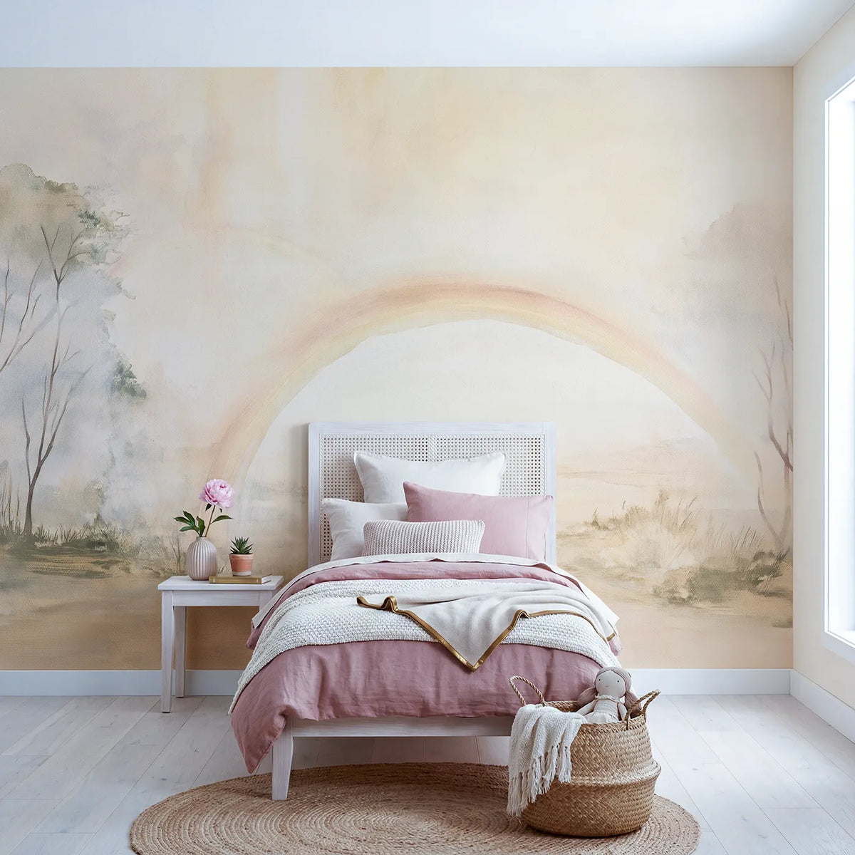 Watercolor wall mural of a faint rainbow in mist by Whimsy Tots