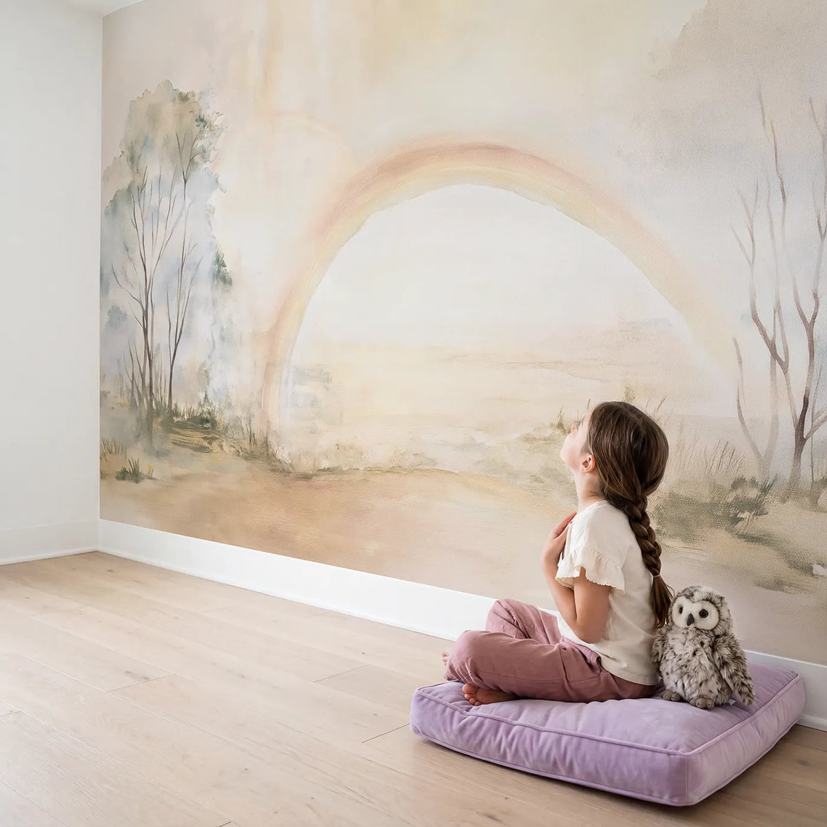 Child in nursery with Rainbow Mist Morning Wallpaper Mural by Whimsy Tots