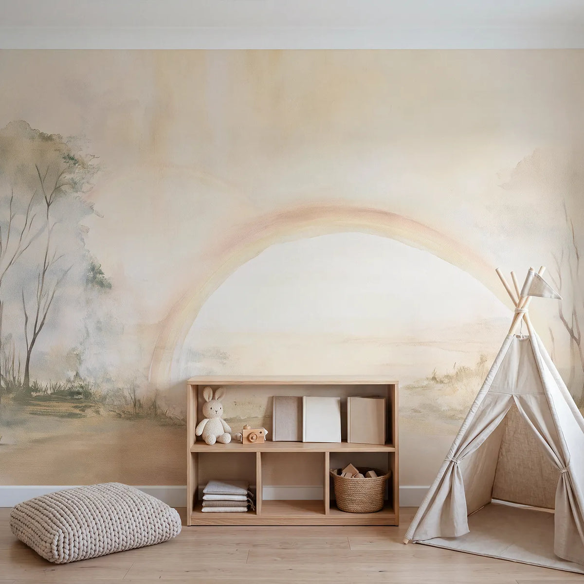 Rainbow Mist Morning Wallpaper Mural in playroom setting by Whimsy Tots