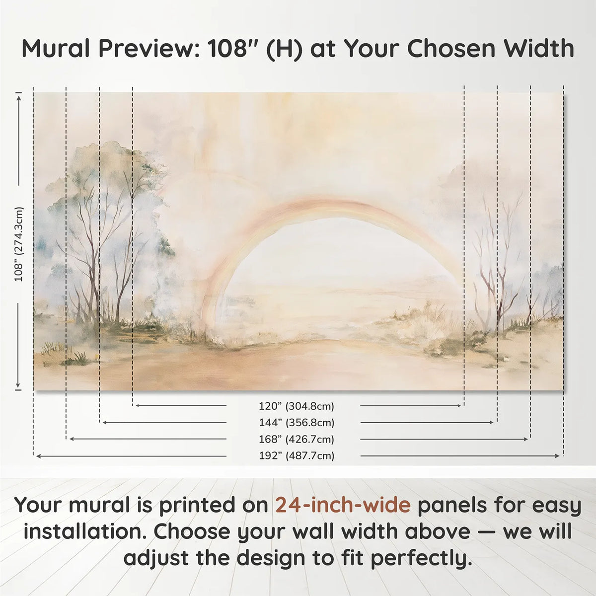 Panel layout and dimensions for Rainbow Mist Morning Wallpaper Mural by Whimsy Tots