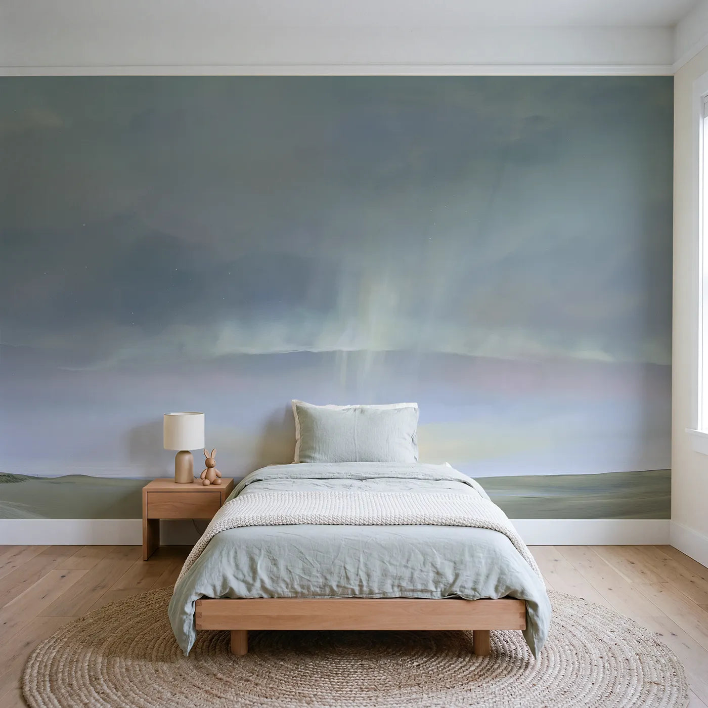 Watercolor wall mural of a faint aurora glow by Whimsy Tots