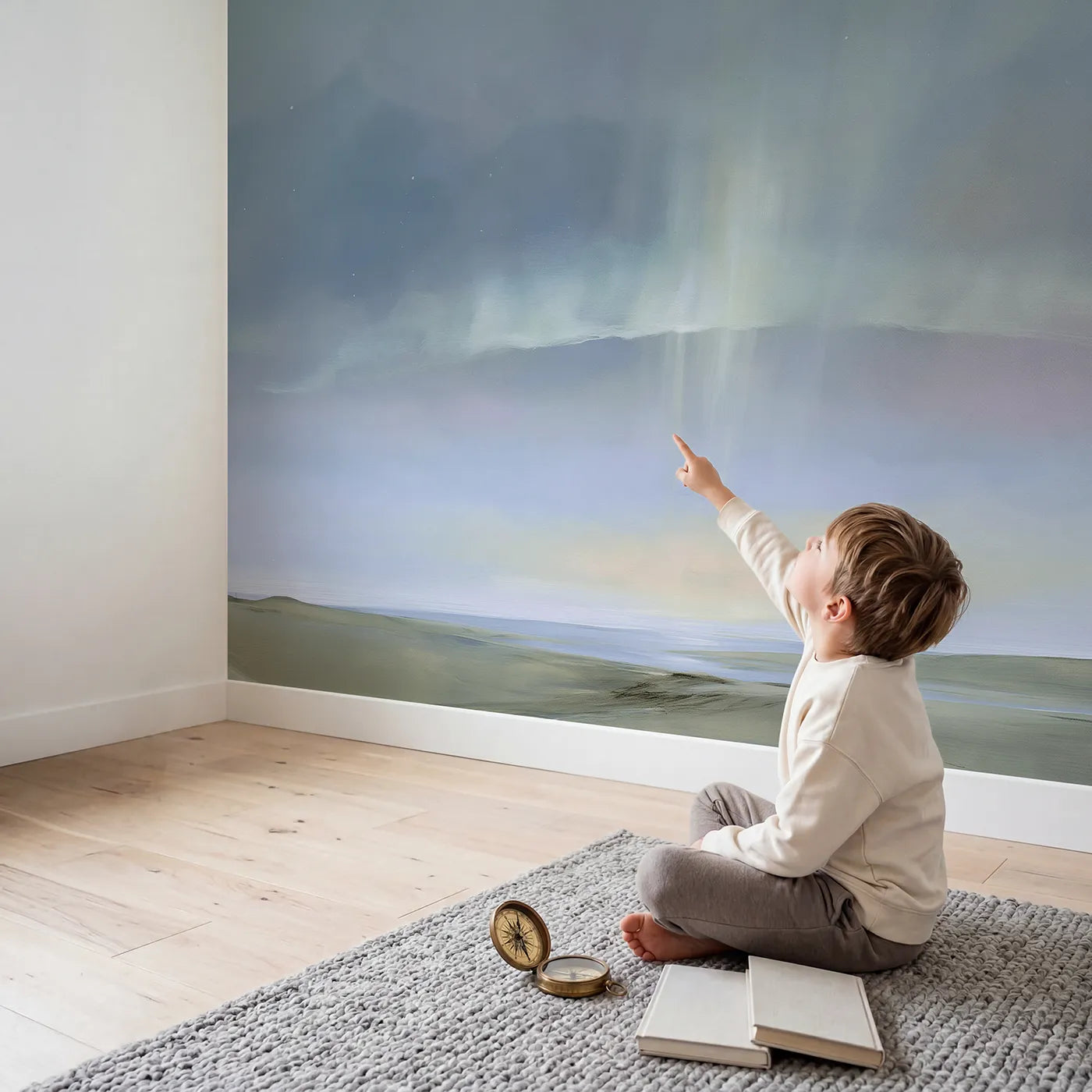 Child in nursery with Soft Aurora Glow Wallpaper Mural by Whimsy Tots