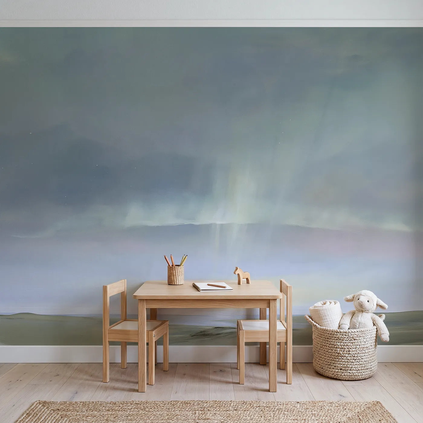 Soft Aurora Glow Wallpaper Mural in playroom setting by Whimsy Tots