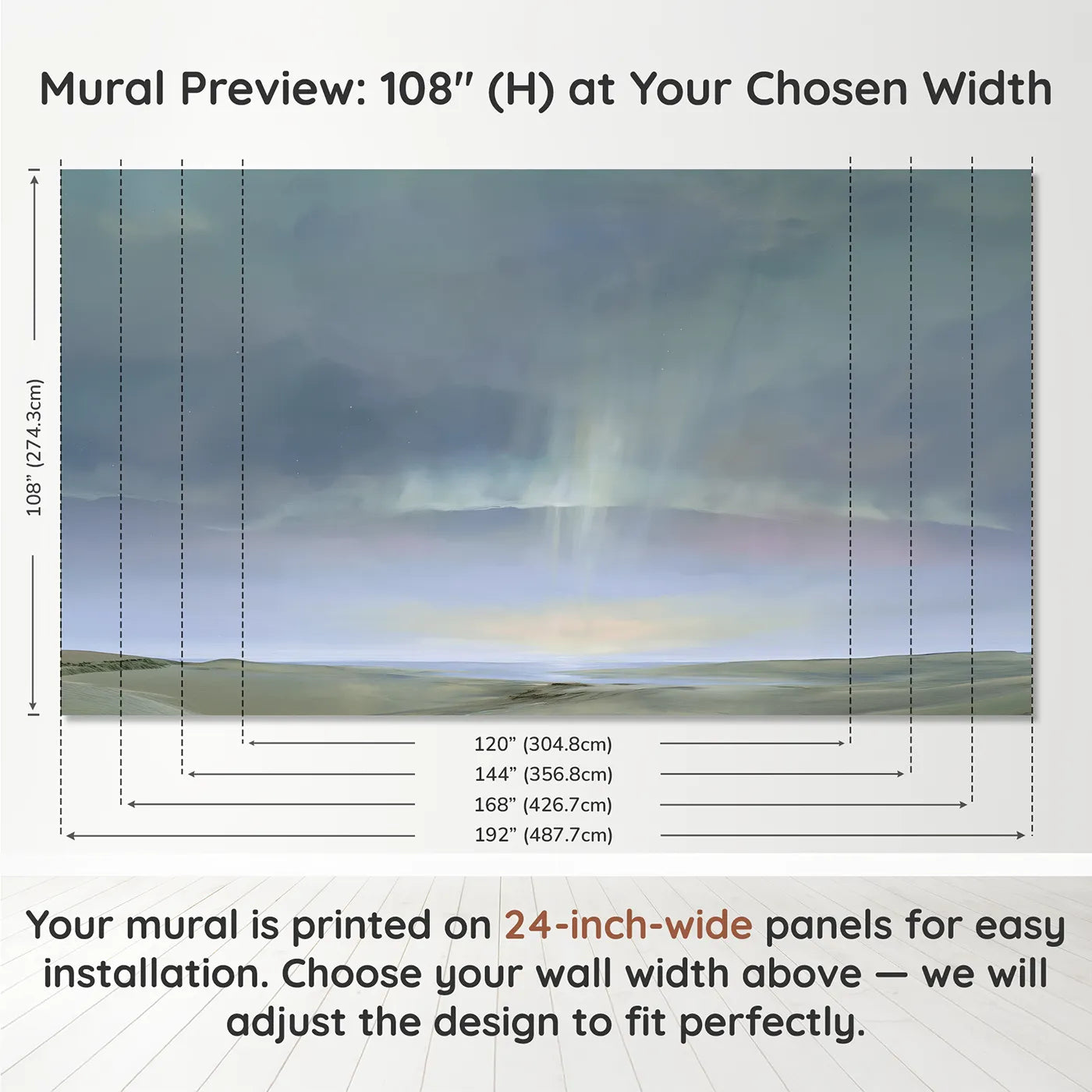 Panel layout and dimensions for Soft Aurora Glow Wallpaper Mural by Whimsy Tots