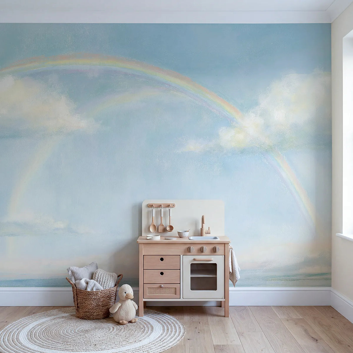 Pastel Rainbow Dream Wallpaper Mural in playroom setting by Whimsy Tots