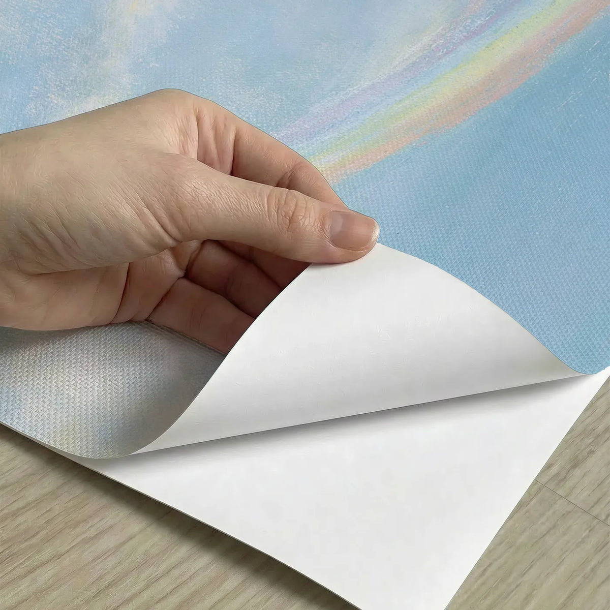 Peel-and-stick detail of Pastel Rainbow Dream Wallpaper Mural by Whimsy Tots