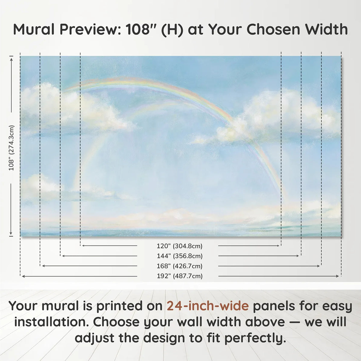 Panel layout and dimensions for Pastel Rainbow Dream Wallpaper Mural by Whimsy Tots