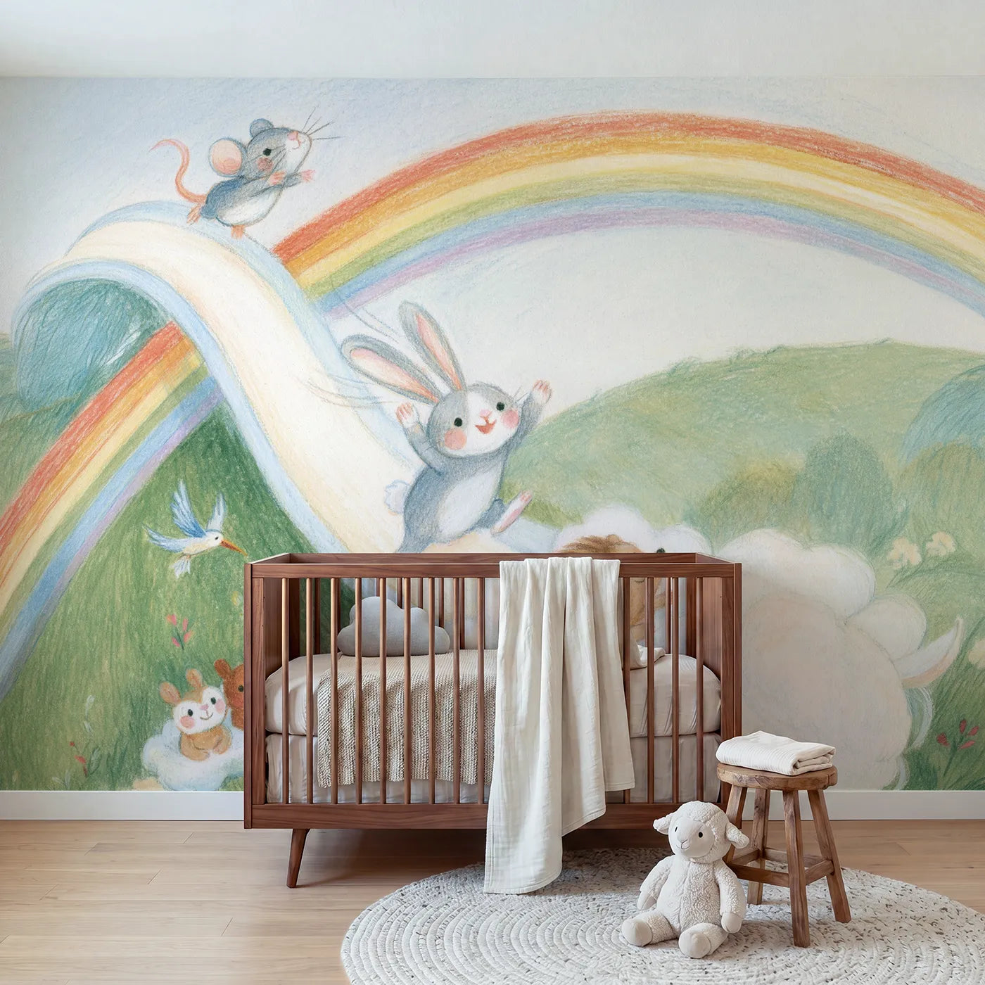 Colored Pencil friends sliding down a rainbow curve, mural for a playroom by Whimsy Tots