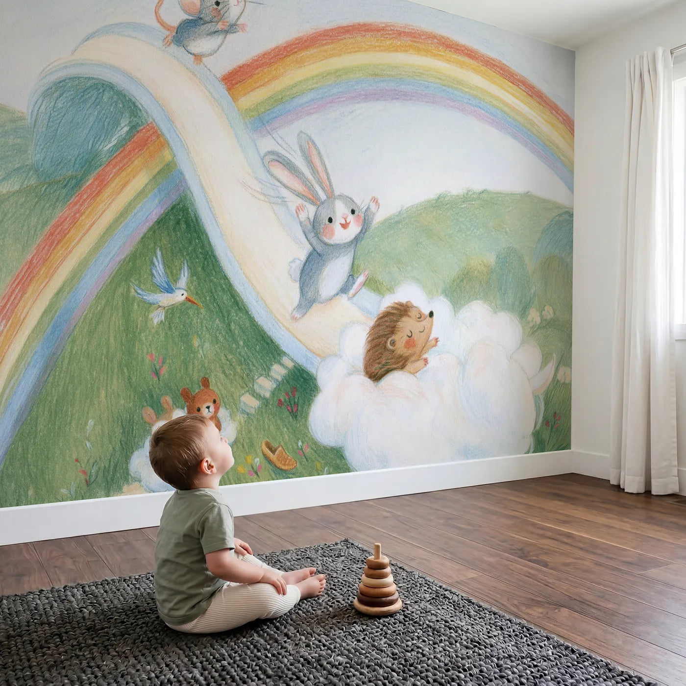 Child in nursery with The Rainbow Slide Wallpaper Mural by Whimsy Tots