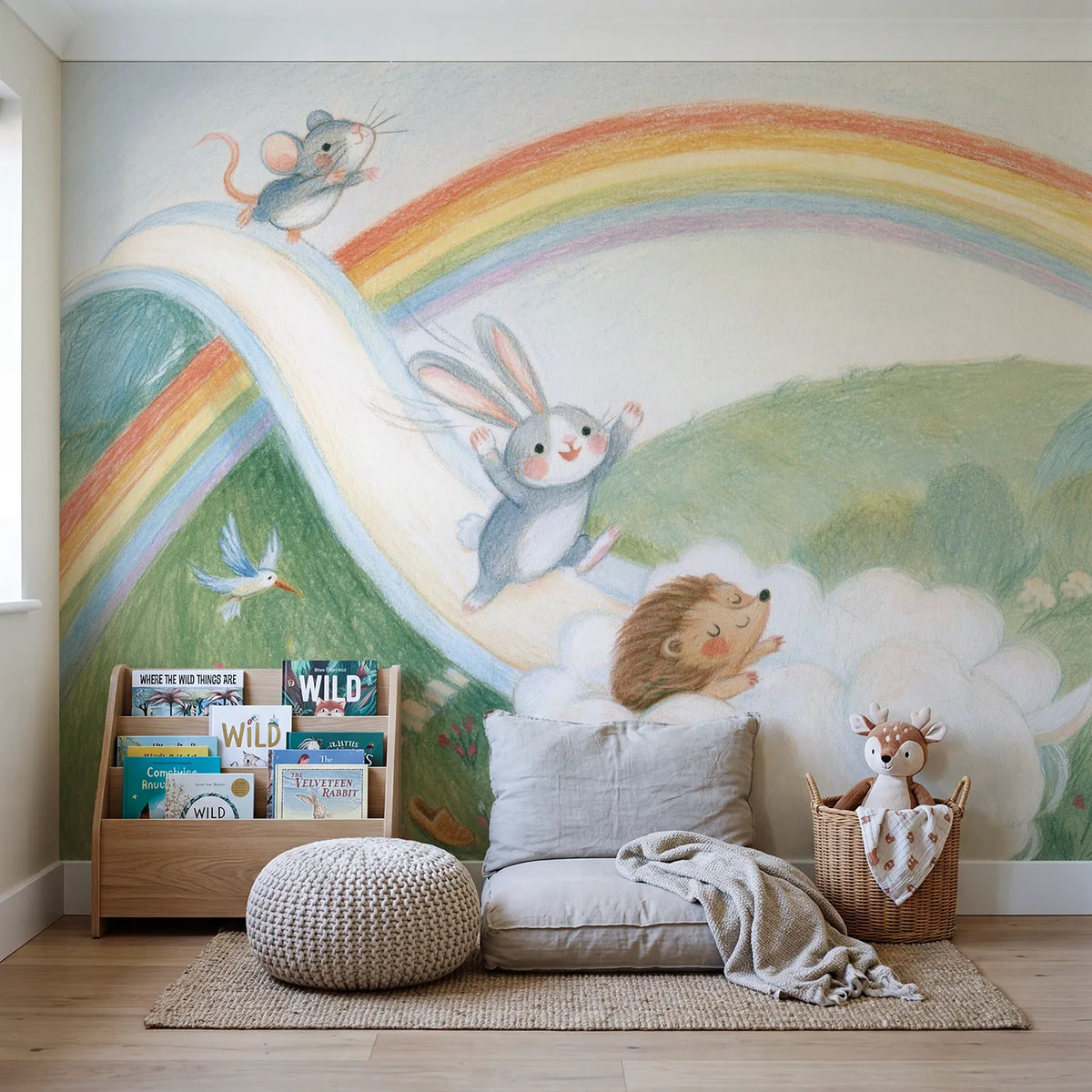 The Rainbow Slide Wallpaper Mural in playroom setting by Whimsy Tots