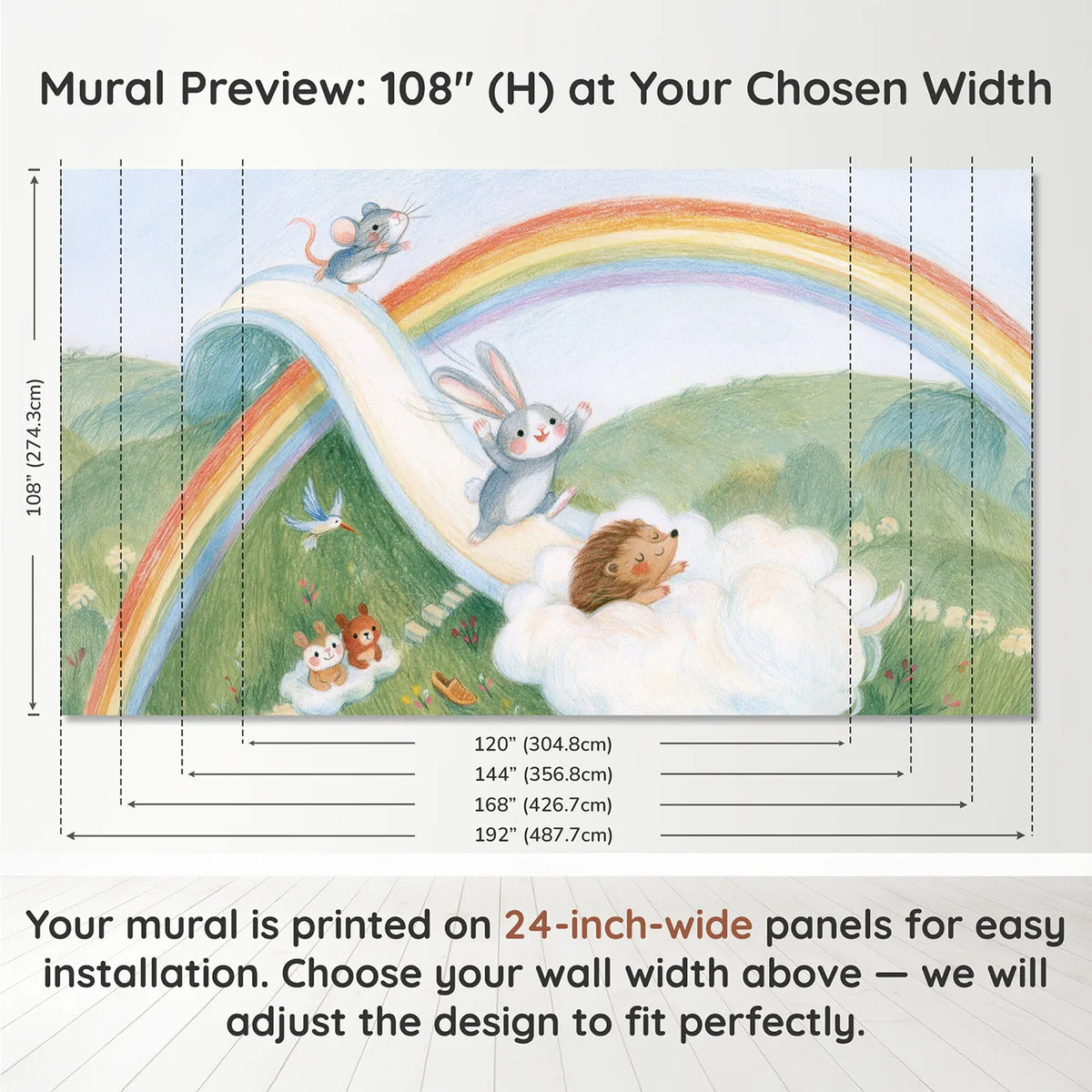 Panel layout and dimensions for The Rainbow Slide Wallpaper Mural by Whimsy Tots