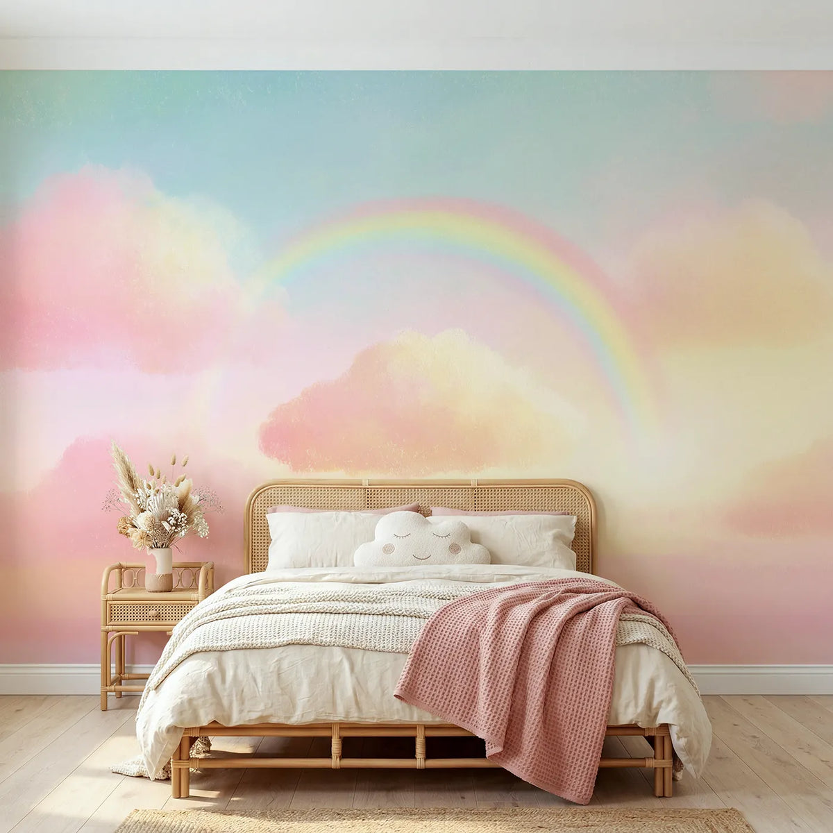 Chalk-pastel wall mural of a cloud holding a rainbow by Whimsy Tots