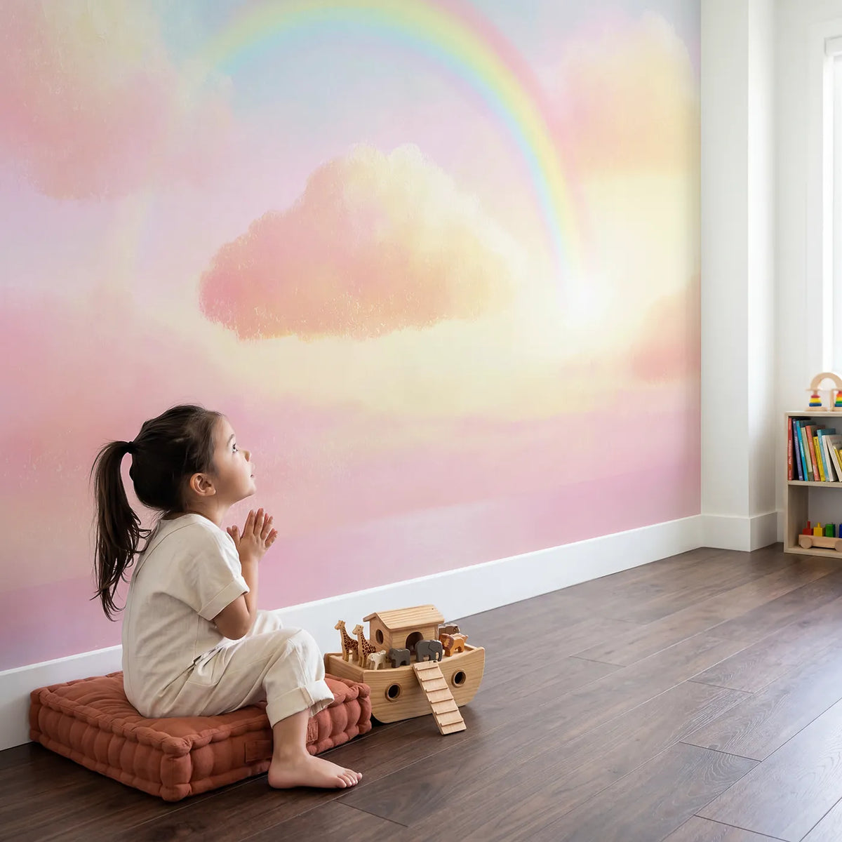 Child in nursery with Pastel Rainbow Cloud Wallpaper Mural by Whimsy Tots