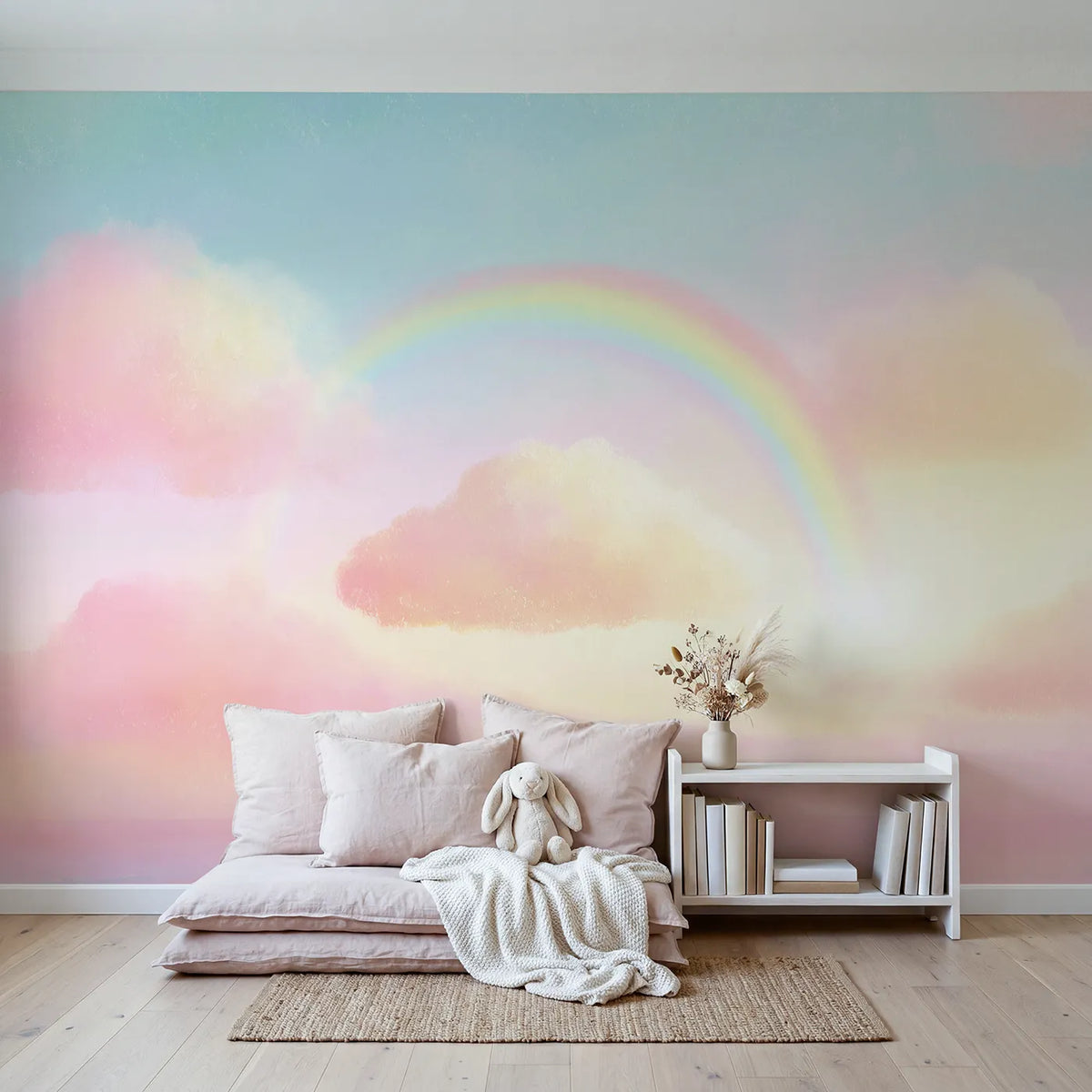 Pastel Rainbow Cloud Wallpaper Mural in playroom setting by Whimsy Tots