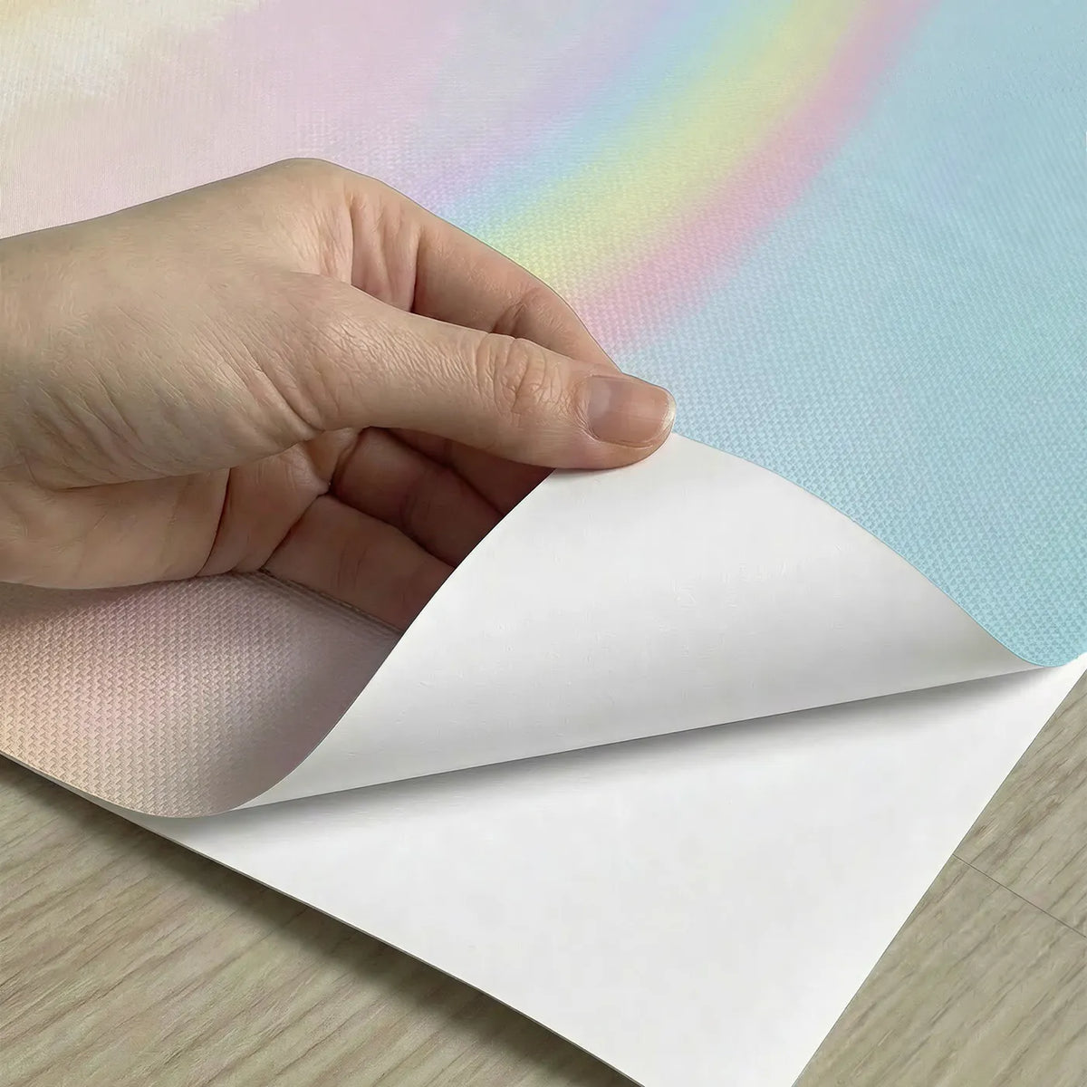 Peel-and-stick detail of Pastel Rainbow Cloud Wallpaper Mural by Whimsy Tots