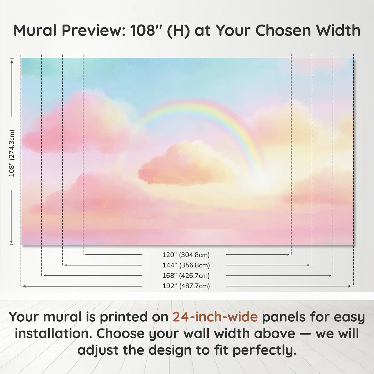 Panel layout and dimensions for Pastel Rainbow Cloud Wallpaper Mural by Whimsy Tots