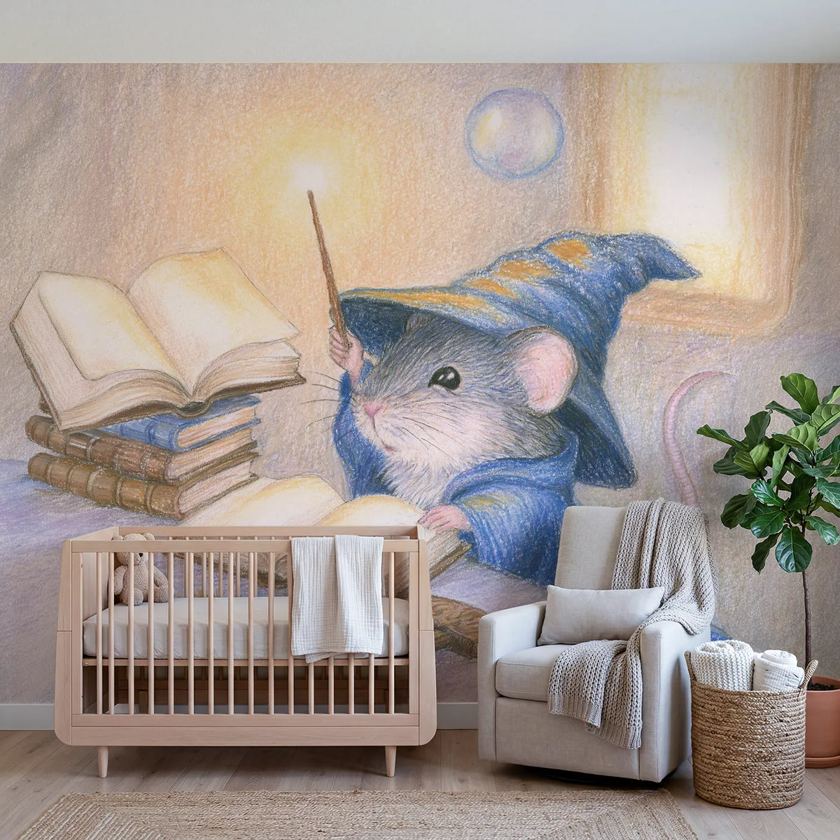 Colored Pencil young mouse wizard casting a first spell, mural for a toddler room by Whimsy Tots
